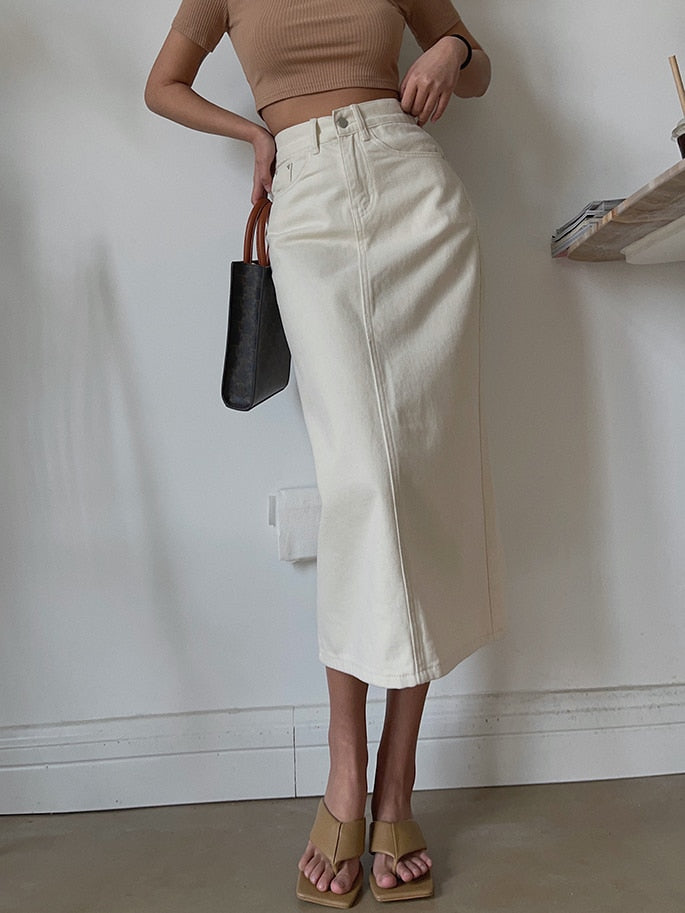 Sixsr  Fashion Trends Straight Bodycon Long Jeans Skirt Women Solid White Vintage Split High Waist Denim Skirt Midi Elegant Summer