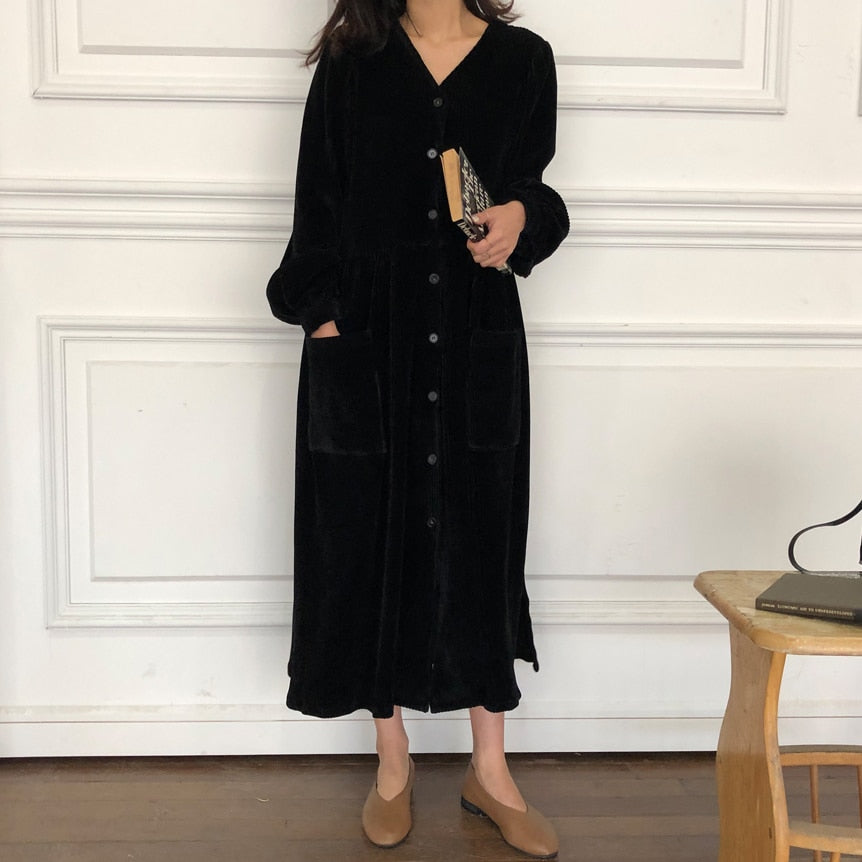 Sixsr Women Autumn Winter Vintage Long Dress Elegant Full Sleeve Single Breasted Tunic Casual Corduroy Dress with Pocket Vestidos