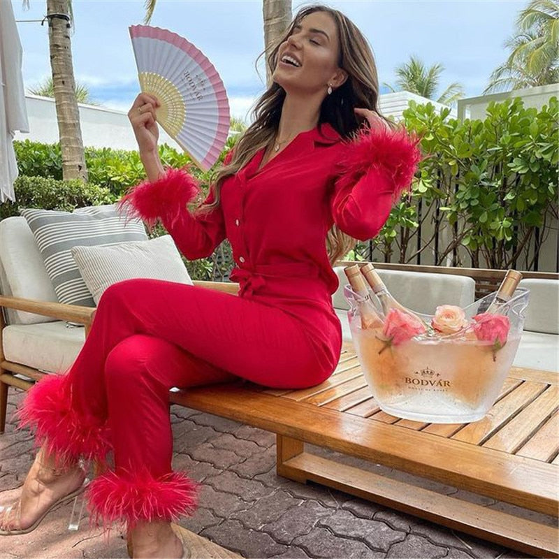 Sixsr Trendy Women Pajamas Set Autumn Casual Lapel Tops + Feather Pants Suits Sexy Lingerie Nightwear Silk Satin Pyjamas pjs Suit 2Pcs