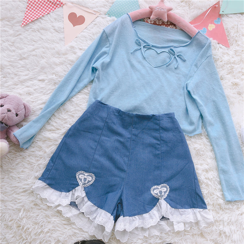 sixsr Summer Outfits  Trends Cute Lolita Girls Denim Shorts Japanese Sweet High Waist Lace Irregular Women's Shorts S-4XL Summer Kawaii Sexy Blue Shorts