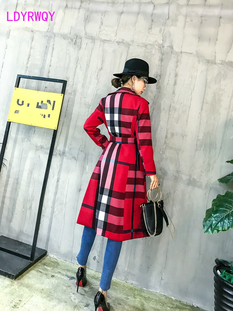 Sixsr  Thickened autumn and winter new women's lapels in the long simple color matching retro plaid coat temperament windbreaker