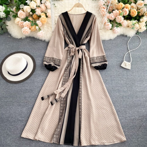 Sixsr Spring Autumn Women Printed Long Dress Vintage Puff Long Sleeve High Waist A-Line Vestidos Female New Fashion Beach Robe