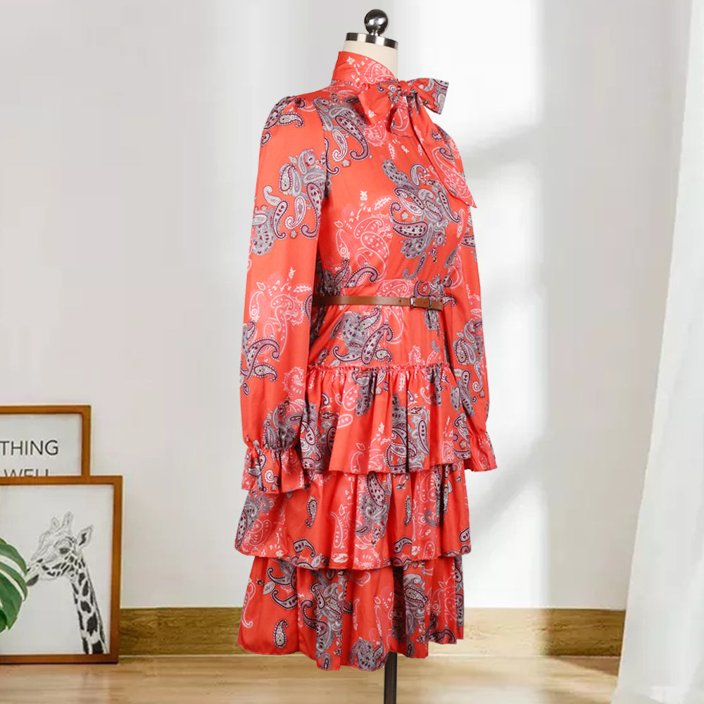 Sixsr Women Printed Dresses Long Sleeves Bowtie Cake Dress Female Ruffles Pleated Africn Fashion Lovely Date Sweet Vestidos Plus Size