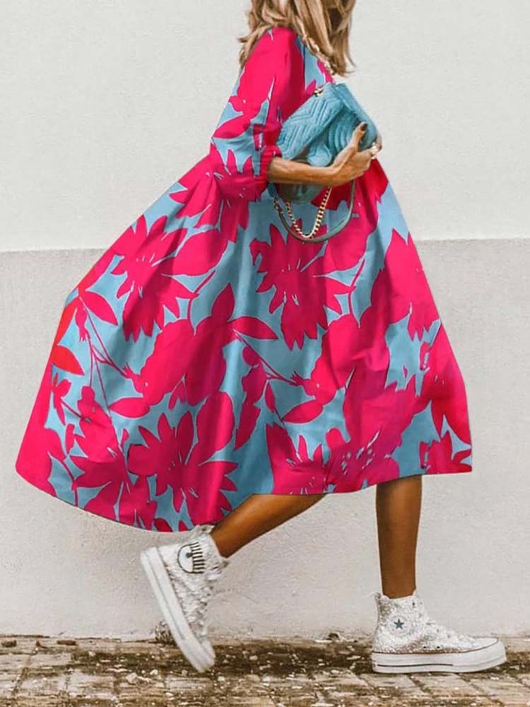 Sixsr Autumn women's Middle Sleeve Casual Style Polyester New Round Neck Middle Waist Pullover Large Swing Printed A-line Dress