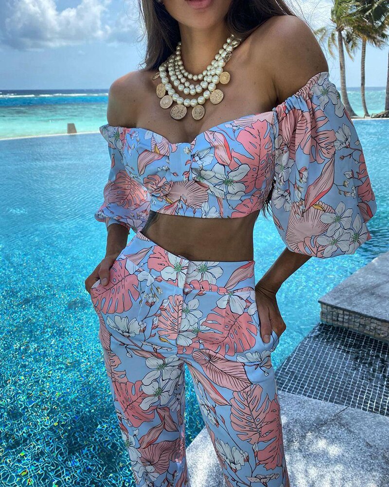 sixsr  Women Fashion Two Piece Sets Print  Suits Summer Beach Streetwear Autumn 2 Piece SetsTops +Elegant Long Pants