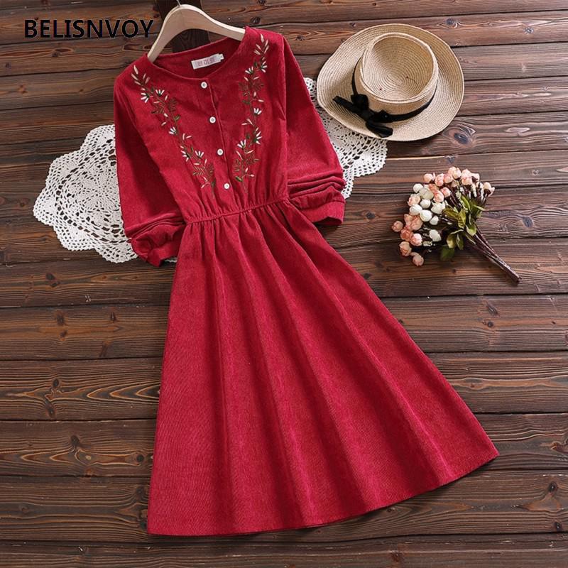 Sixsr Mori Girl Vintage Corduroy Women Shirt Dress Floral Embroidery Elegant Autumn Winter Dresses Midi Dresses For New Year
