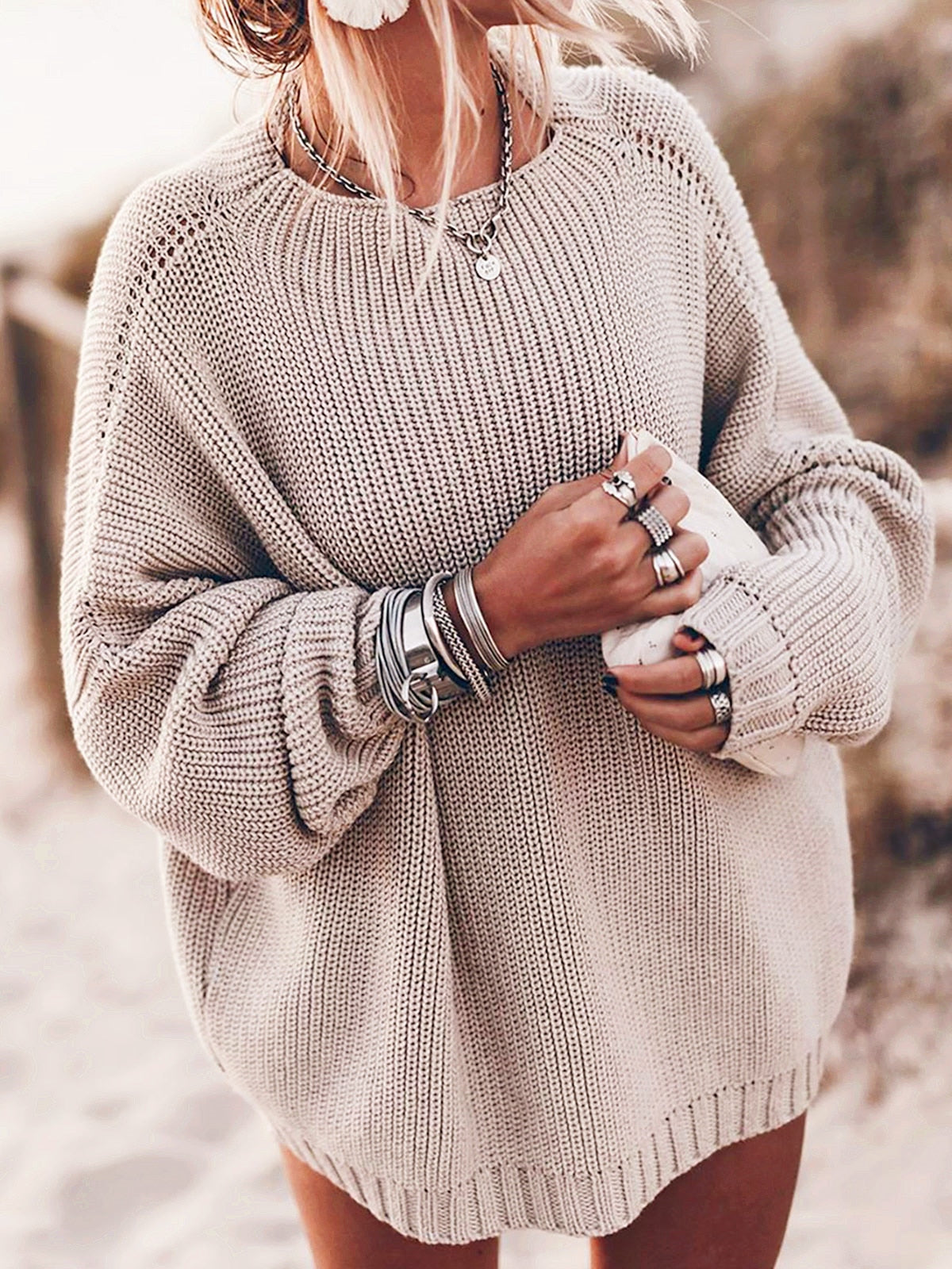 Sixsr plus size oversized sweater fall sweater for women Solid pink blue khaki purple pullover Long sleeve loose knitted sweater