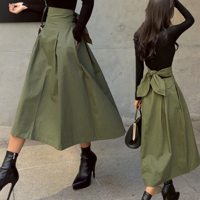 Sixsr Spring Outfits Trends Skirts Womens Korean Fashion Solid Color Big Swing Ladies Skirt Long Skirt Autumn Wild High Waist Bow Slim Skirts