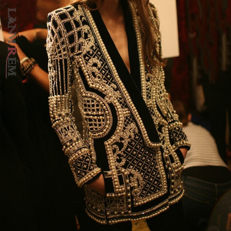 sixsr new Beaded Geometric Autumn Winter Long Sleeves V-Neck Vintage Ladies Outwear vintage fashion Overcoats