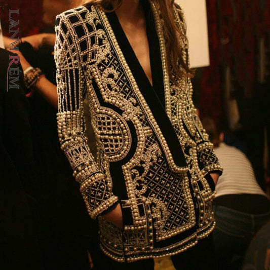 sixsr new Beaded Geometric  Autumn Winter Long Sleeves V-Neck Vintage Ladies Outwear vintage fashion Overcoats