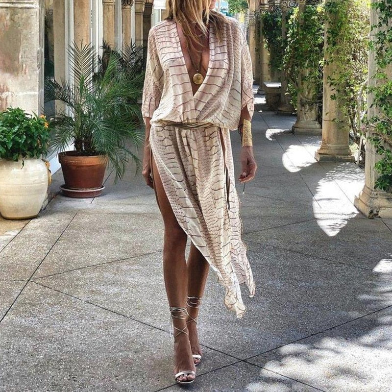 sixsr Hot Sale Newest Fashion Beach Women Veil Tops Loose Casual Striped Print Short Sleeve Clothing Female Long Blouse Summer Streetwear