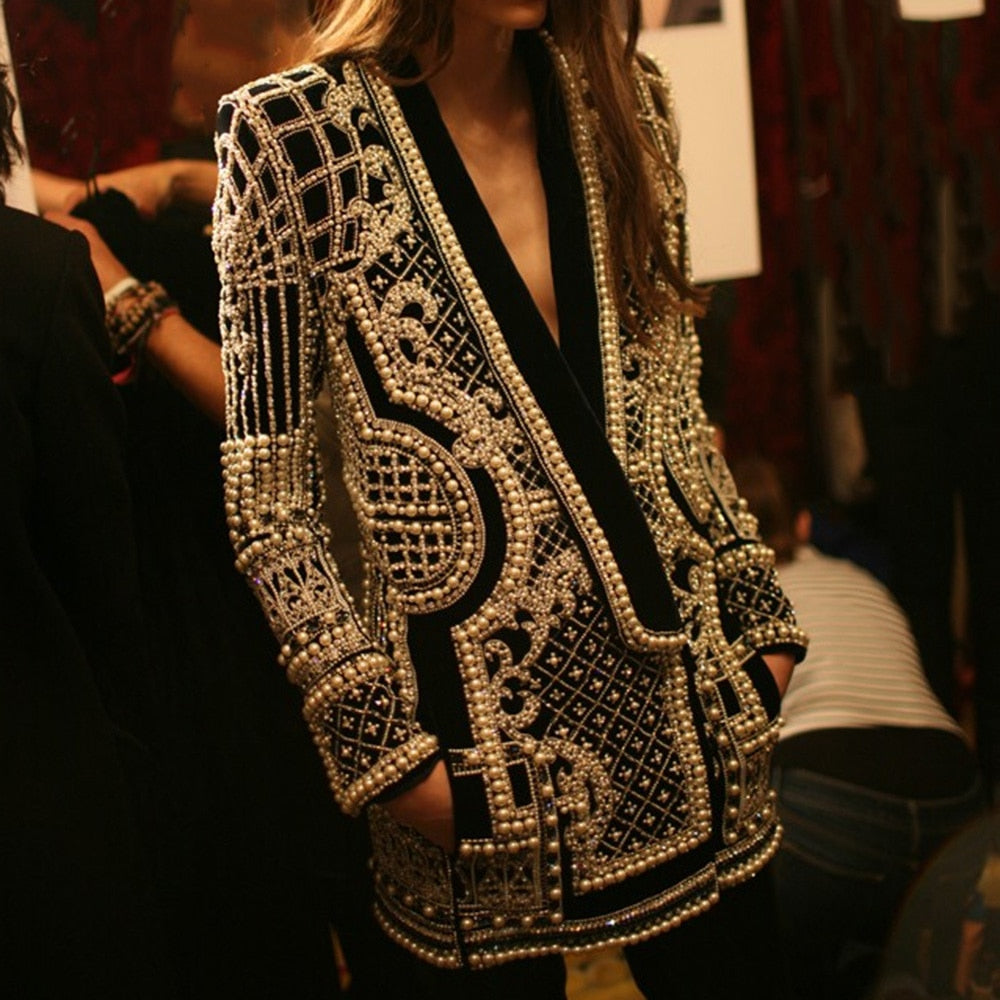 sixsr new Beaded Geometric Autumn Winter Long Sleeves V-Neck Vintage Ladies Outwear vintage fashion Overcoats