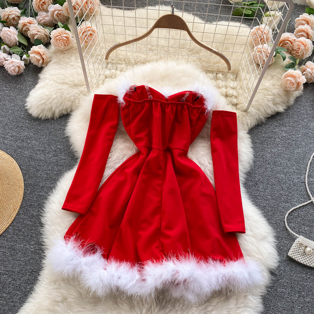 Sixsr Gifts For Women Elegant Dress For New Year Strapless Backless Furry Sexy Short Mini Christmas Dress Navidad Red Party Dress Femme