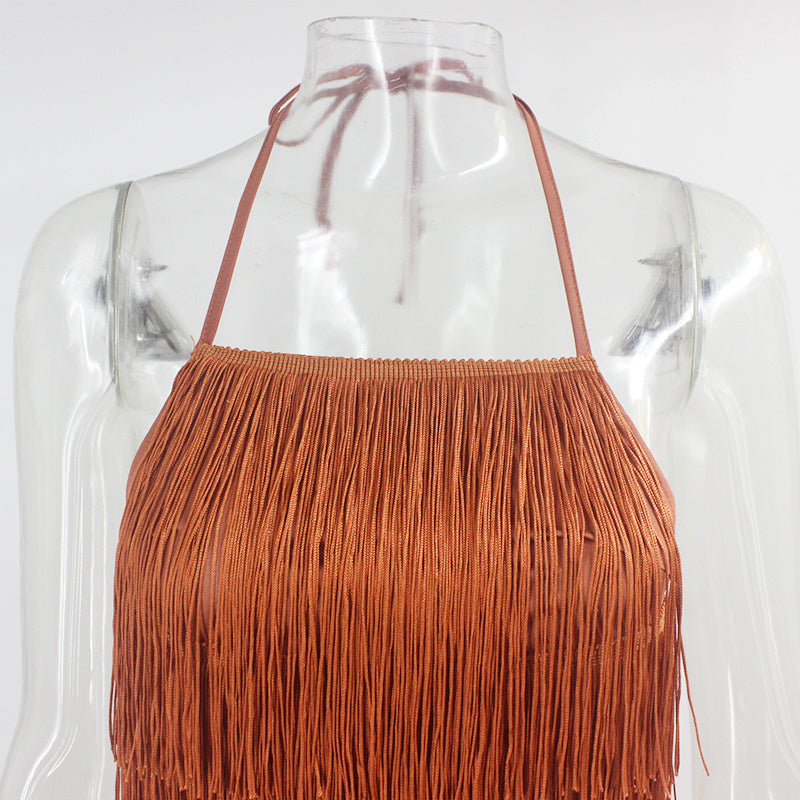 Sixsr Trends Tassel Summer Dresses Female Halter Backless Casual Club Mini Dress Sexy Fringe Bandage Bodycon Party Dress Vestidos