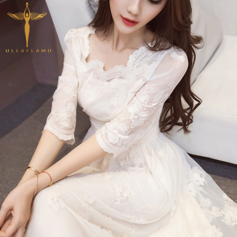sixsr Fashion Trends Sexy Lace Ruffled Hollow Out See Through Evening Party Dress Elegant Temperament Mesh Solid Nightclub Splice Robes Vestidos