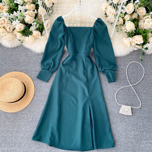 Sixsr Women Autumn New Split Dress French Retro Square Collar Waist Hugging Slim Puff Sleeve Beading Midi Dress Female Vestidos PL487