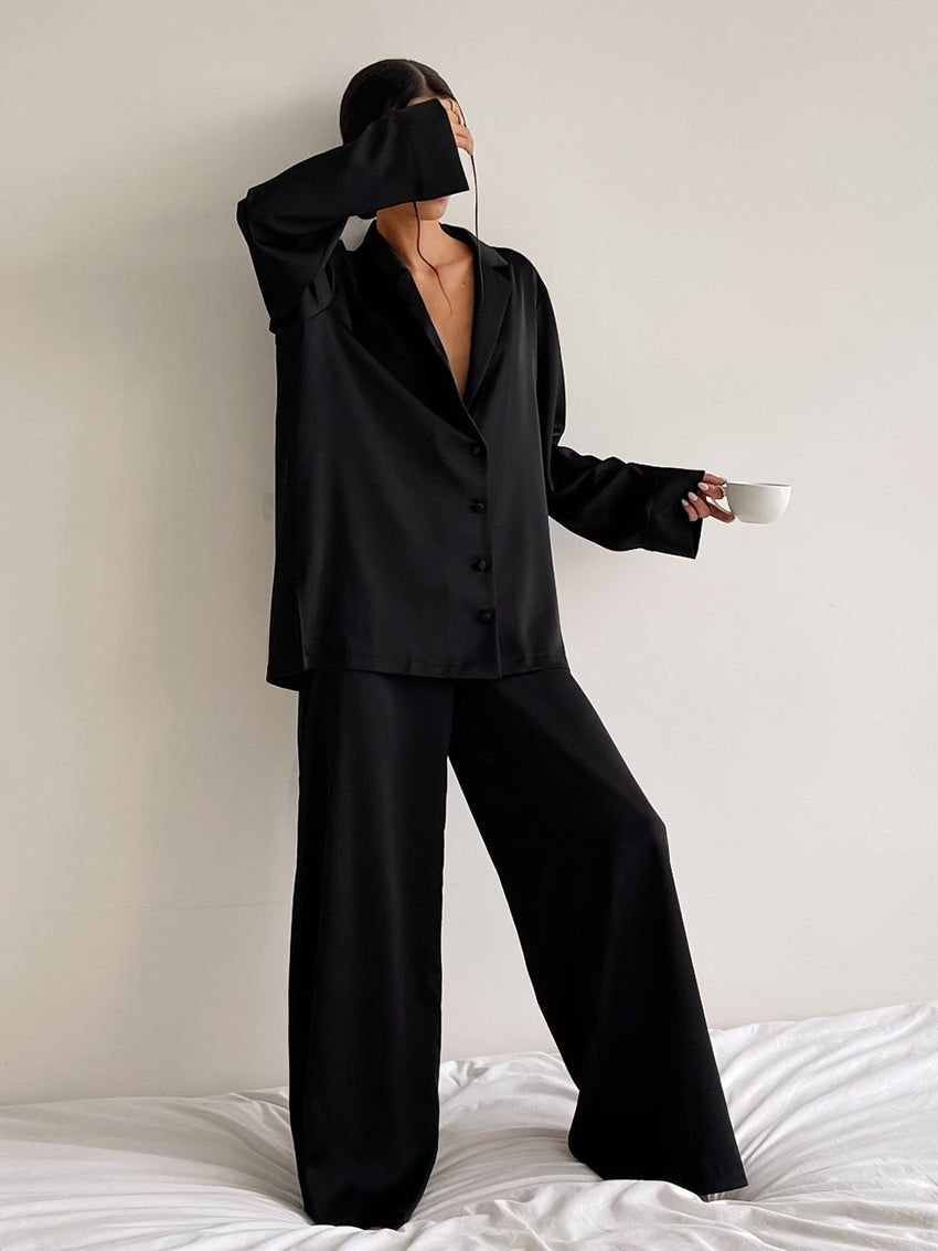 Sixsr Oversized Satin Silk Sleepwear Low Cut Sexy Pajamas For Women Single-Breasted Long Sleeves Wide Leg Pants Trouser Suits