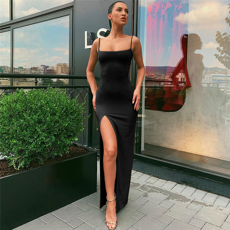 sixsr Fashion Trends Backless Sexy Strap Split Summer Dress Women Elastic Long Dresses Sleeveless Camisole Clubwear Evening Party Dress Women's Robe