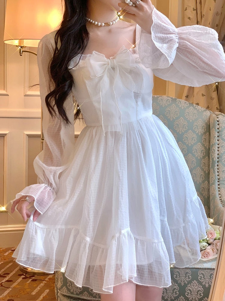 French Sweet Fairy Lolita Dress Women Long Sleeve Lace Y2k Mini Dress Vintage Kawaii Clothes One Piece Dress Korean Autumn