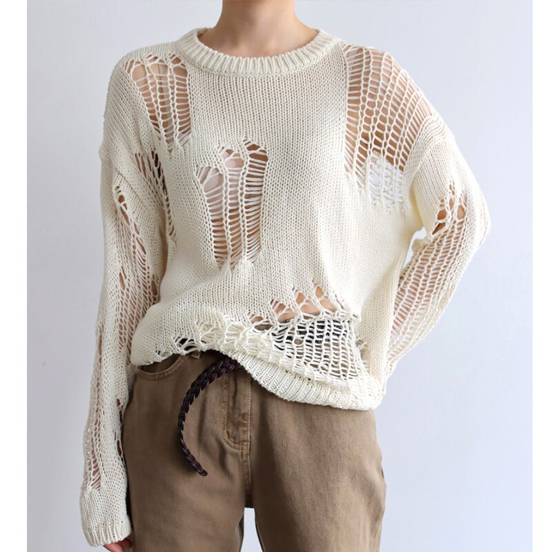 Sixsr Autumn New Korean Style Long-sleeved Sexy Hole Sweater Asymmetric Hem Loose Pullover Hollow Out Thin Knit Sweater Jumper Tops