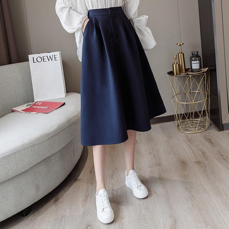 sixsr  New Spring Summer High Waist Midi Skirt Women Casual Pocket Solid Color Loose A-Line Umbrella Skirt Female Petticoat