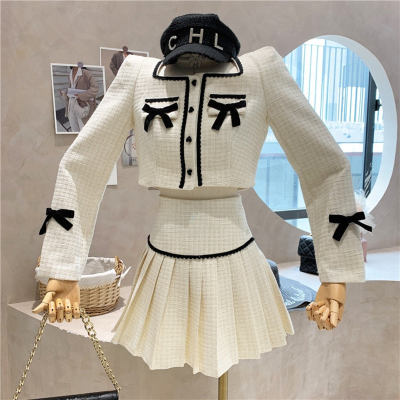 sixsr Small Fragrance Tweed 2 Piece Set Women Bow Short Jacket Coat + Skirt Suits Korean Sweet Outfits French Vintage Two Piece Sets