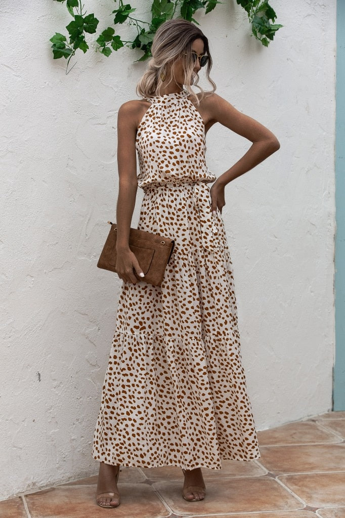 Sixsr Summer Elegant beach Women Dress long Print Flowers Polka-dot strap Ladies Halter boho Dress Vintage party ladies Dress