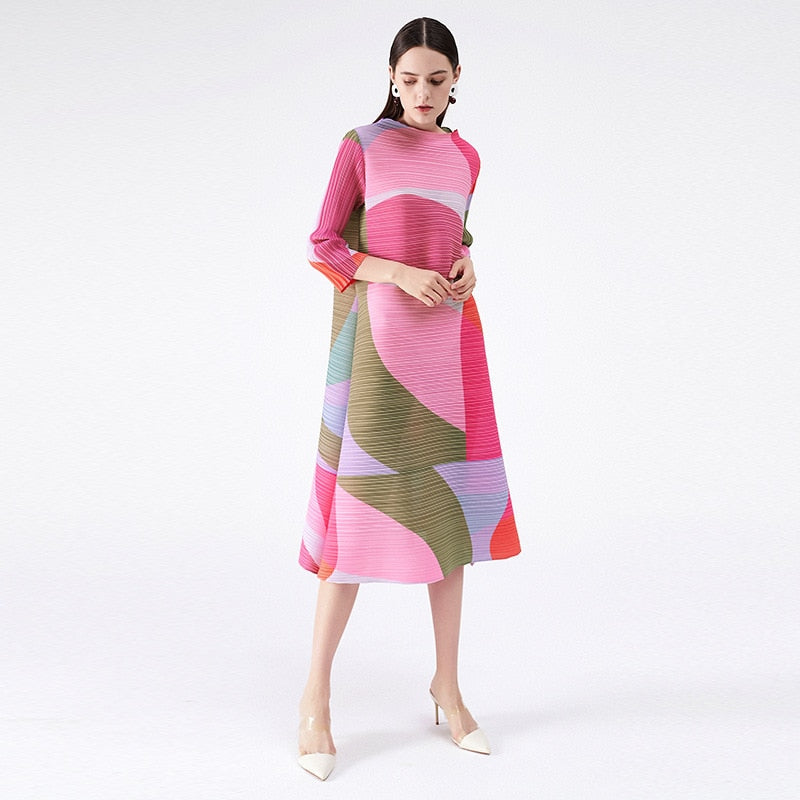 sixsr Pleated Dress Women Hit Color Geometric With Belt Sashes Over Size Long Sweet Casual New Spring Fashion Tide