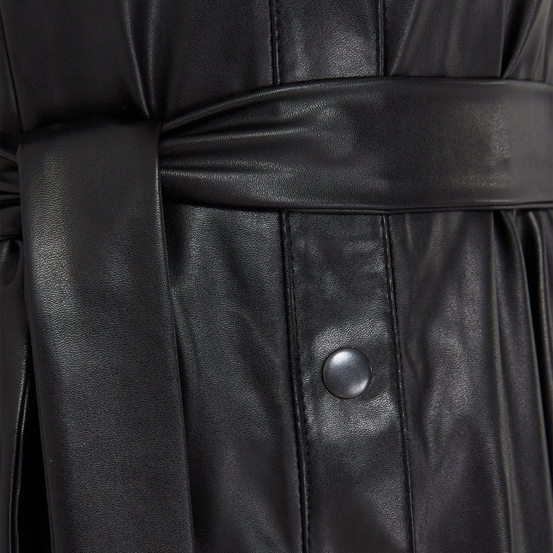 Sixsr Winter Casual Sashes Pu Leather A-Line Dresses Women Turn-down Collar Long Sleeve Solid Color Knee Dress Office Lady Wear