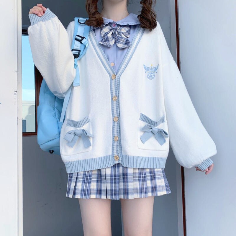 Sixsr  Spring Japanese Kawaii Fashion Pink Cardigan Women Harajuku Knitted Sweater Cute Bow Heart Korean College Style JK Uniform Coat