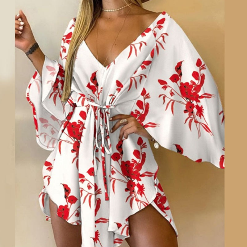 sixsr Summer Outfits Casual Leaf Leopard Print Harajuku Batwing Sleeve Dress Lady Elegant Lace-Up Irregular Party Dress Sexy V-Neck Women Mini Dress