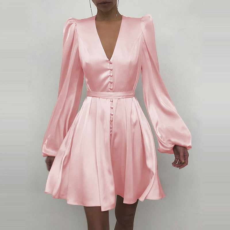 Sixsr Trends high quality Spring New Women Sexy V Neck Letters Print Fashion Short Dresses Casual Satin Slim Lantern Sleeves Zipper Elegant Party Vestidos