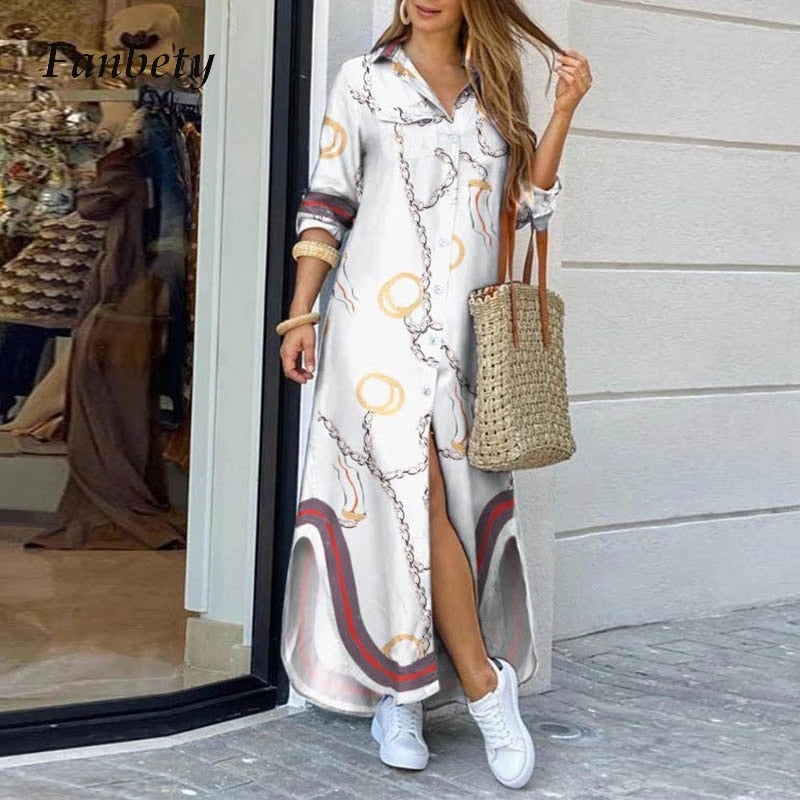 Sixsr Fashion Women Long Sleeve Shirt Dress Autumn Printed OL Long Dresses Laides Turn-down Collar Loose Sundress Party Dresses