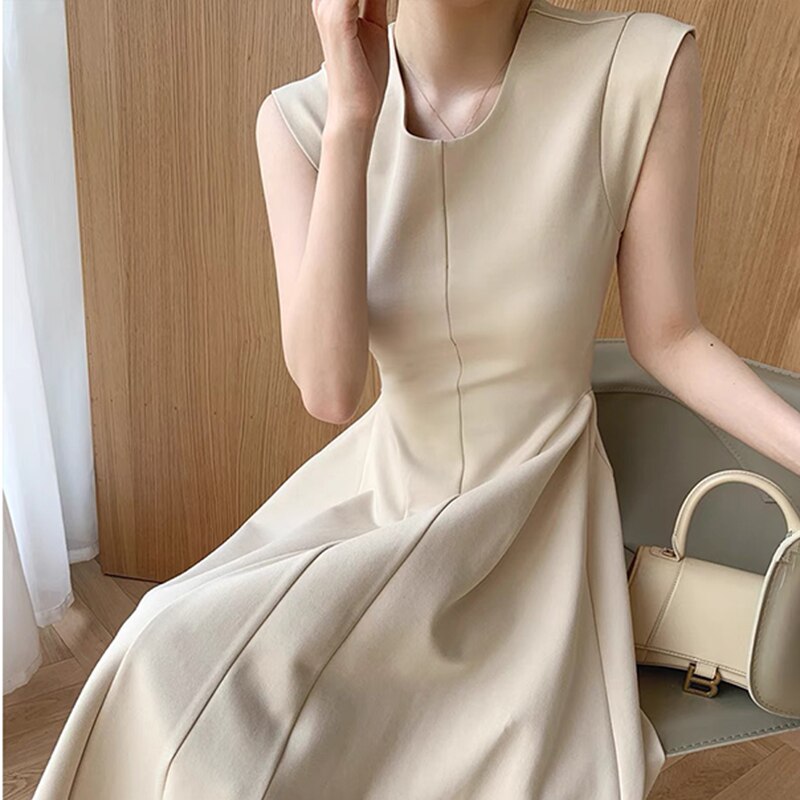 Sleeveless Summer Party Dress Women O-Neck High Waist Long Midi Dress Elegant A-Line Cotton Office Lady Hepburn Korean
