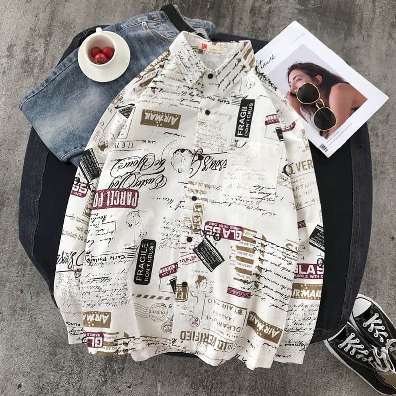 Newspaper shirt Korean trend men's shirt long-sleeved loose couple lovers shirt student all-match shirt 2024 fashion streetwear