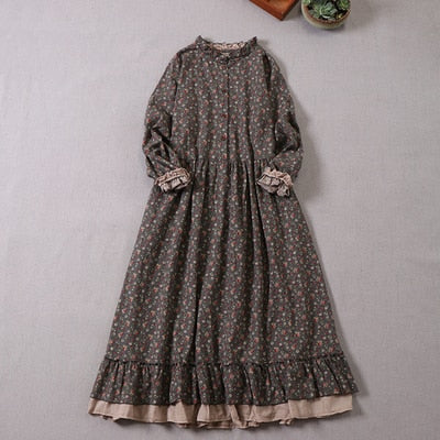 Japanese Mori girl art print dress autumn new floral dress loose long-sleeved dress
