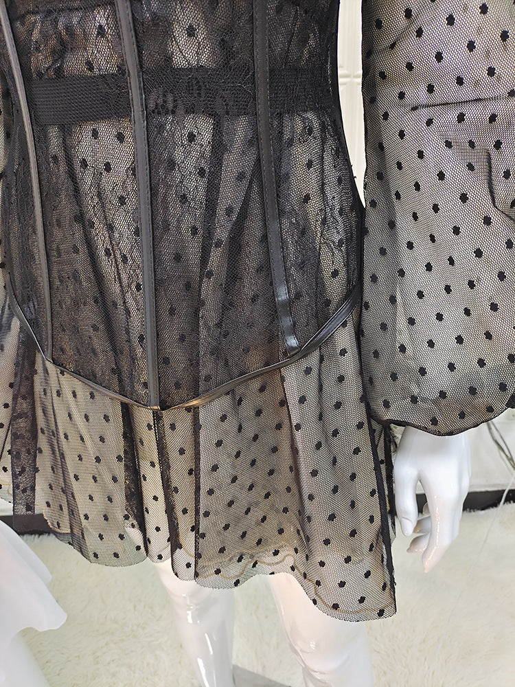 Sixsr New Design 2pcs Summer Dress for Women Black Sexy Corset Dress Vintage Slim Mesh Outfit Clubwear Dress Shirt for Girl's Party