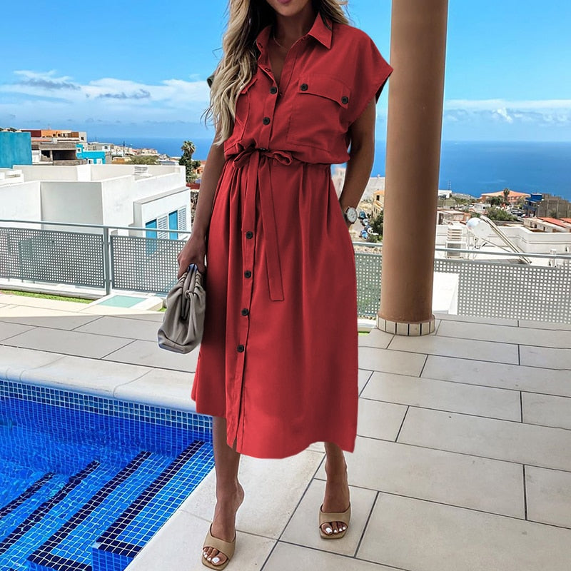 Sixsr Summer Sundress Women Elegant Dress Plus Size Short Sleeve Casual Loose Buttons High Waist Work Midi Vestidos Robe