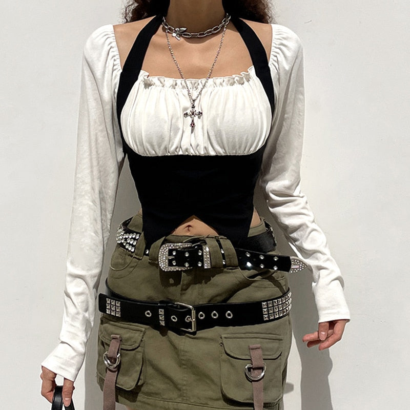 Sixsr womens fashion gifts for women Goth Dark Fairycore Grunge Patchwork Women T-shirts Gothic Bandage Milkmaid Sexy Halter Crop Tops Long Sleeve Streetwear Clothes