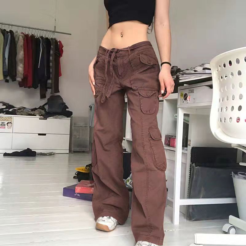 Sixsr Vintage Streetwear Cargo Pants Women Harajuku Street Loose Straight Women Jeans Casual Slim Versatile High Waisted Jeans Pants