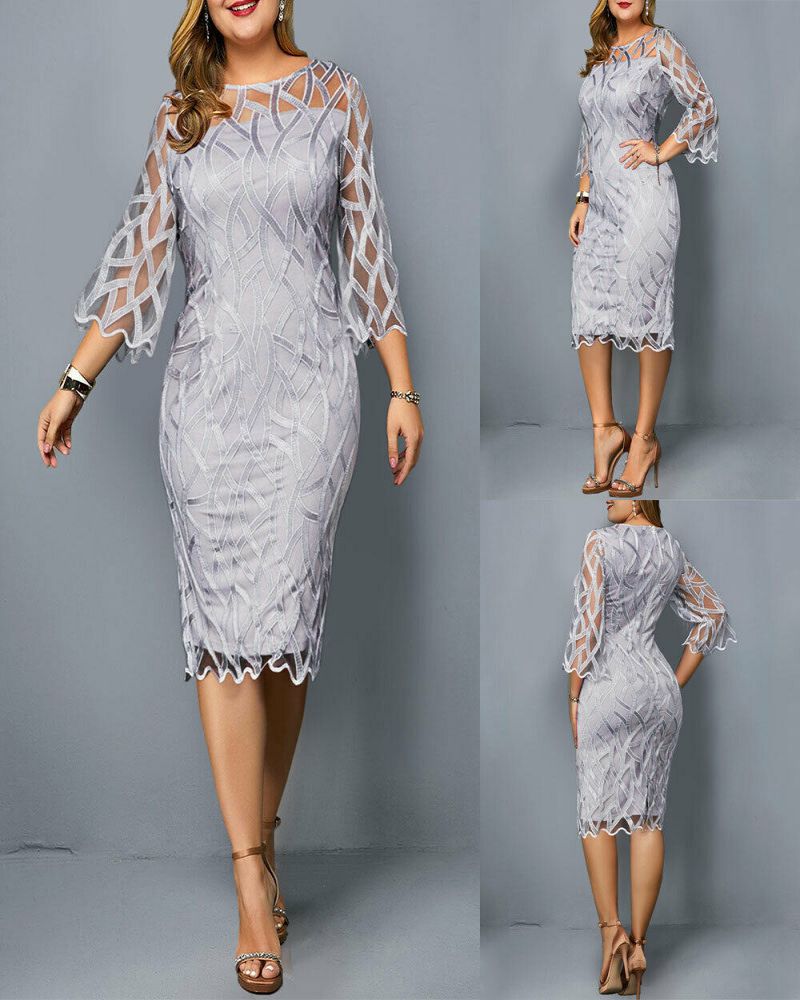 sixsr Summer Women Lace Slim Patchwork Party Dress Office Ladies Round Neck Flare Sleeve Stretch Bodycon Plus Size Dresses