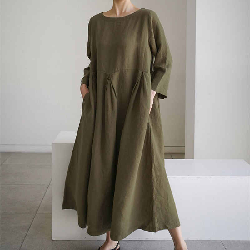 Women Summer Cotton dresses Nine-point Sleeves dress long Maxi dress loose robes casual Dress customized plus size dress boho Linen dress