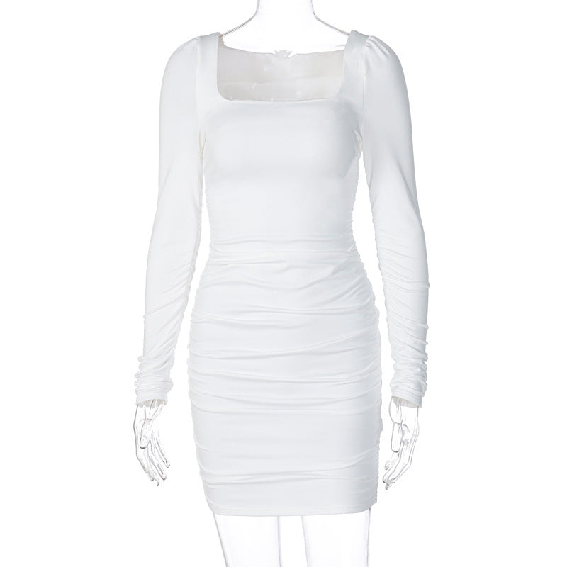 sixsr Hot Sale White Long Sleeve Dress For Women Black Vestido de Mujer Robe Femme Autumn Spring Ruched Elegantes Bodycon Dresses