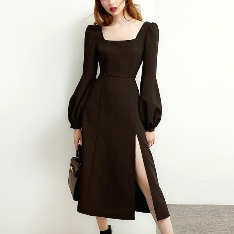 Sixsr Black Retro Split Dress Women Elegant Midi Designer Dress Female Long Sleeve Hepburn Style Chiffon Vintage Dress Fall Women