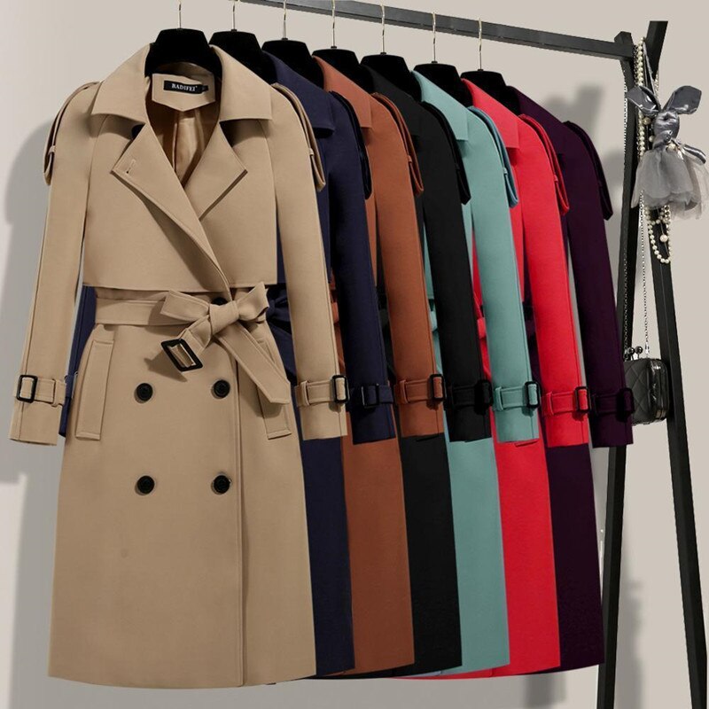 Sixsr Women Trench Coat Solid Double Breasted Trench Autumn Winter Elegant Vintage Turn-down Collar Warm Windproof Trench with Belt