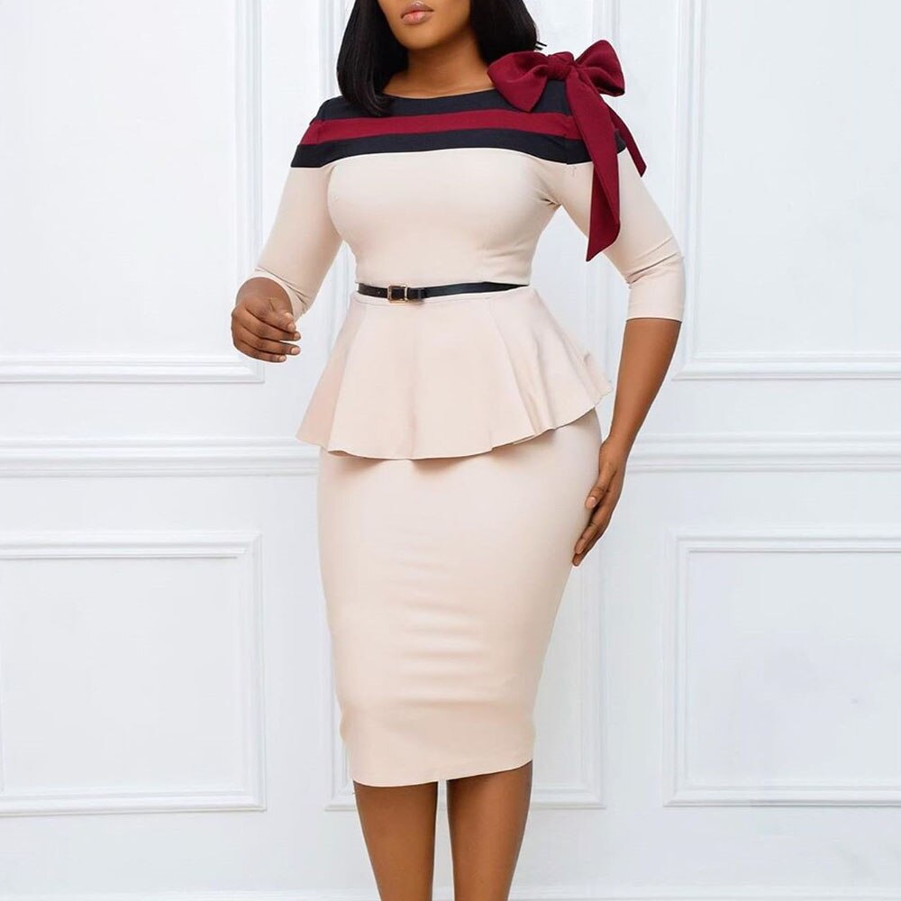 Sixsr puff sleeve women patchwork dress autumn bodycon dresses elegant office lady work midi dresses femme vestiods plus size 4xl