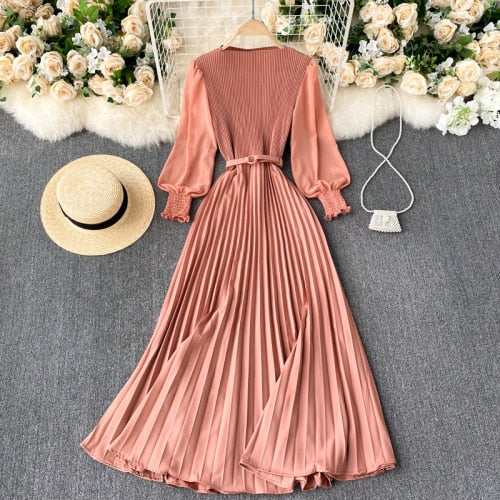 Sixsr Vintage Women Pleated Long Dress Female Elegant Lantern Long Sleeve High Waist Red/Purple Draped Maxi Vestidos Spring Autumn New