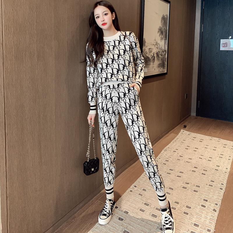 Sixsr New Fall Female Knitwear Long Sleeve 2 Piece Sets Letter Spliced Suit V-Neck Sweater Pullover Tracksuit Wide Leg Pants Sweatsuit