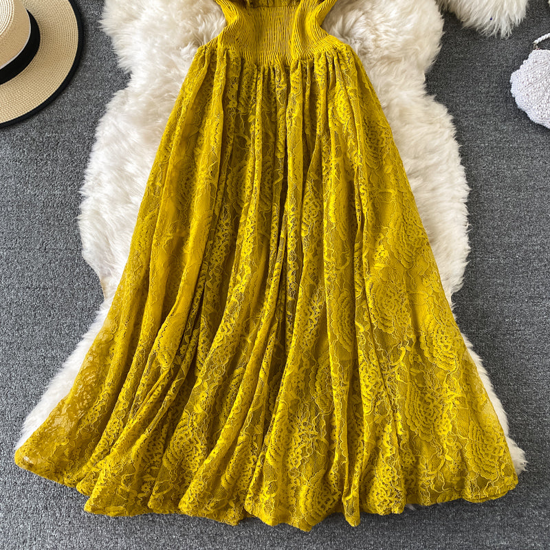 Sixsr Vintage Purple/Green/Red Lace Midi Dress Women Sweet Round Neck Ruffle Vestidos Female High Waist Slim Robe Spring Autumn