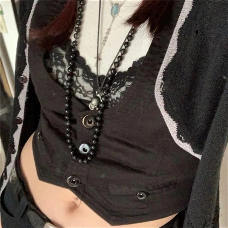 Sixsr y2k Button Corset Top Black Sleeveless Tank Tops Skinny V Neck Aesthetic Punk Crop Top Grunge Fairycore Women Vests